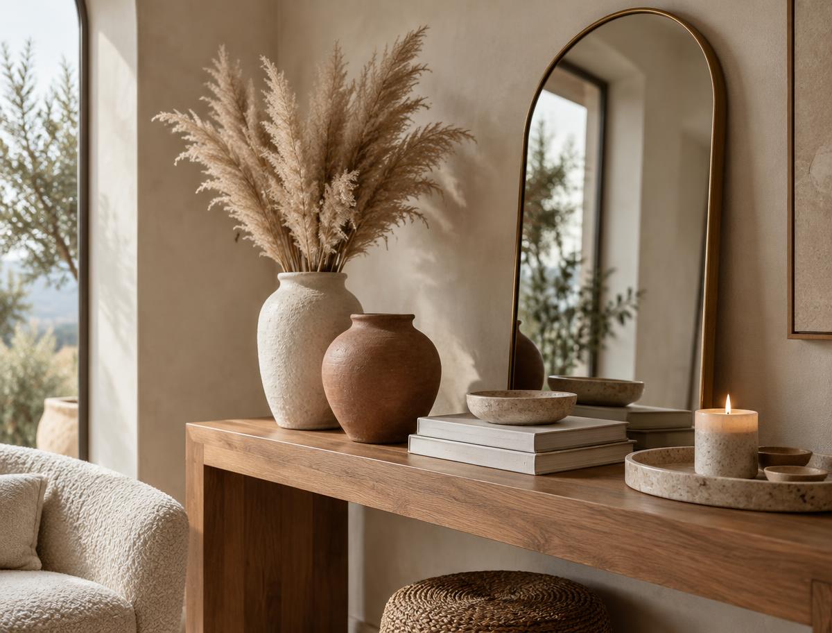 Console en bois avec vases en céramique, livres et miroir arrondi