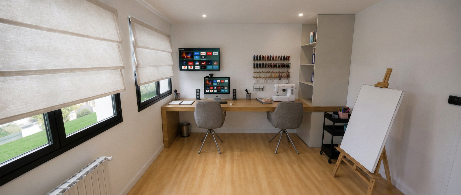 Bureau avec long plan de travail en bois clair