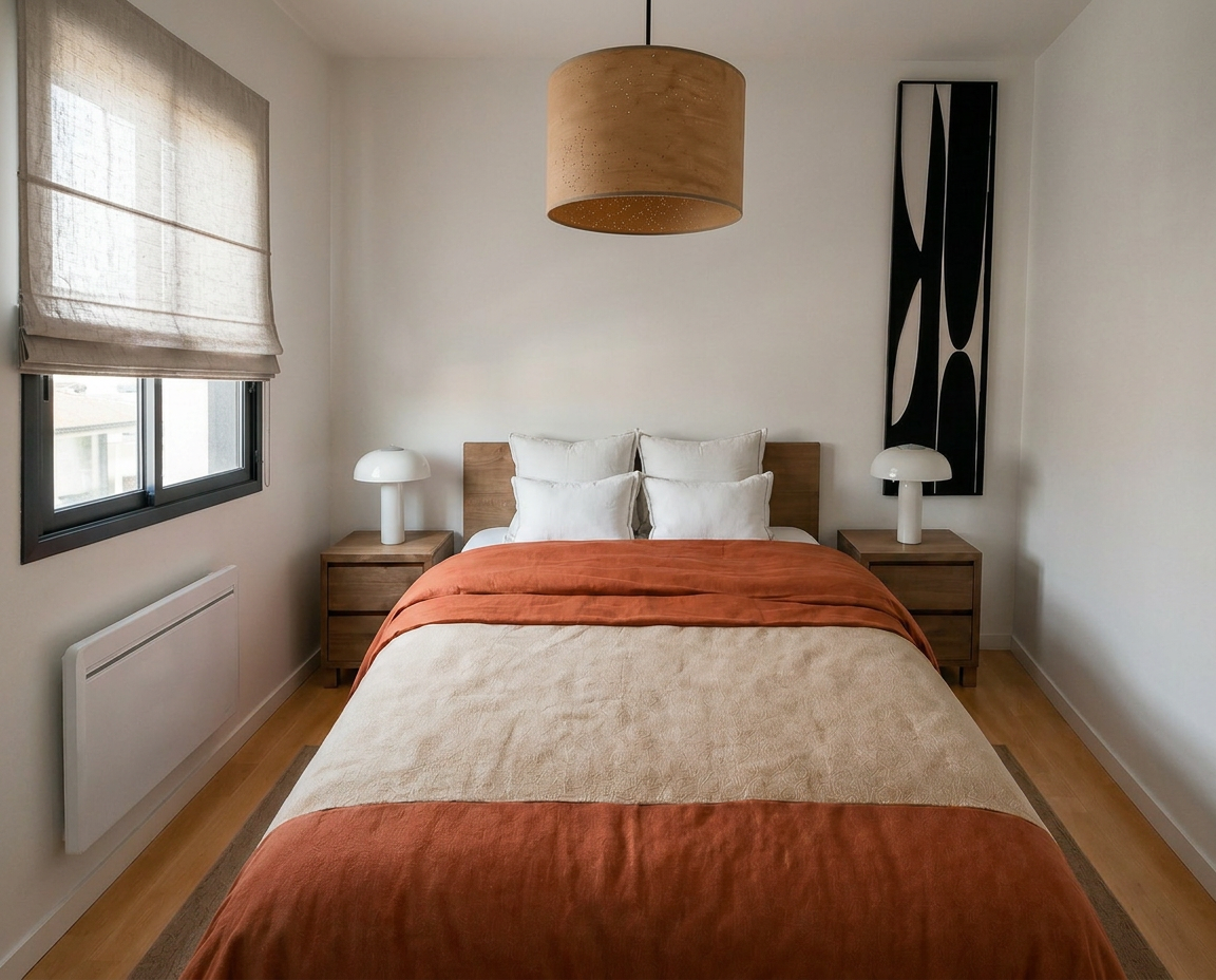 Chambre d'amis avec linge de lit terracotta et stores en lin
