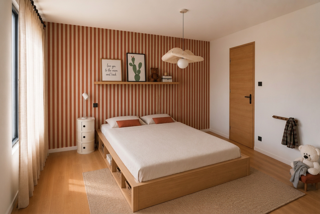 Chambre d'enfant avec mur cannelé terracotta