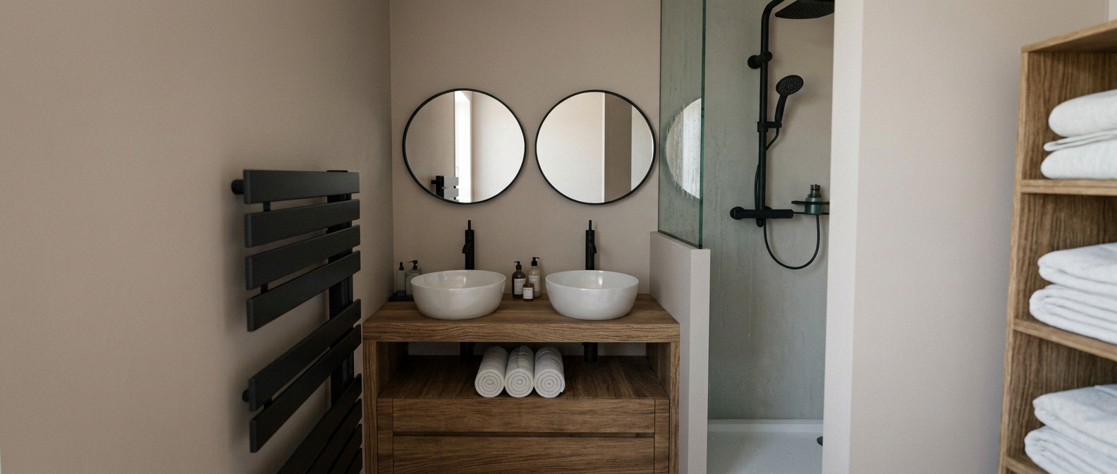 Salle de bain avec double vasque et douche à l'italienne